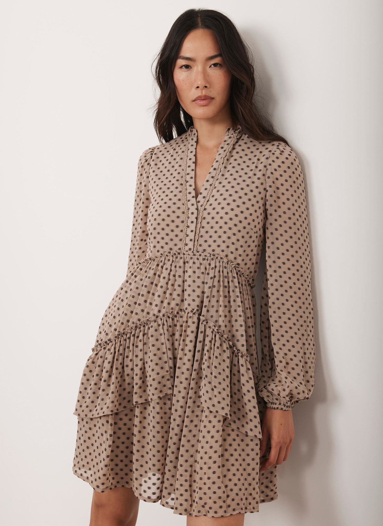 Neutral Jacquard Polka Dot Mini Dress – Mint Velvet