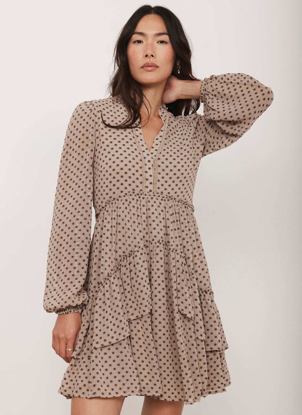 Neutral Jacquard Polka Dot Mini Dress
