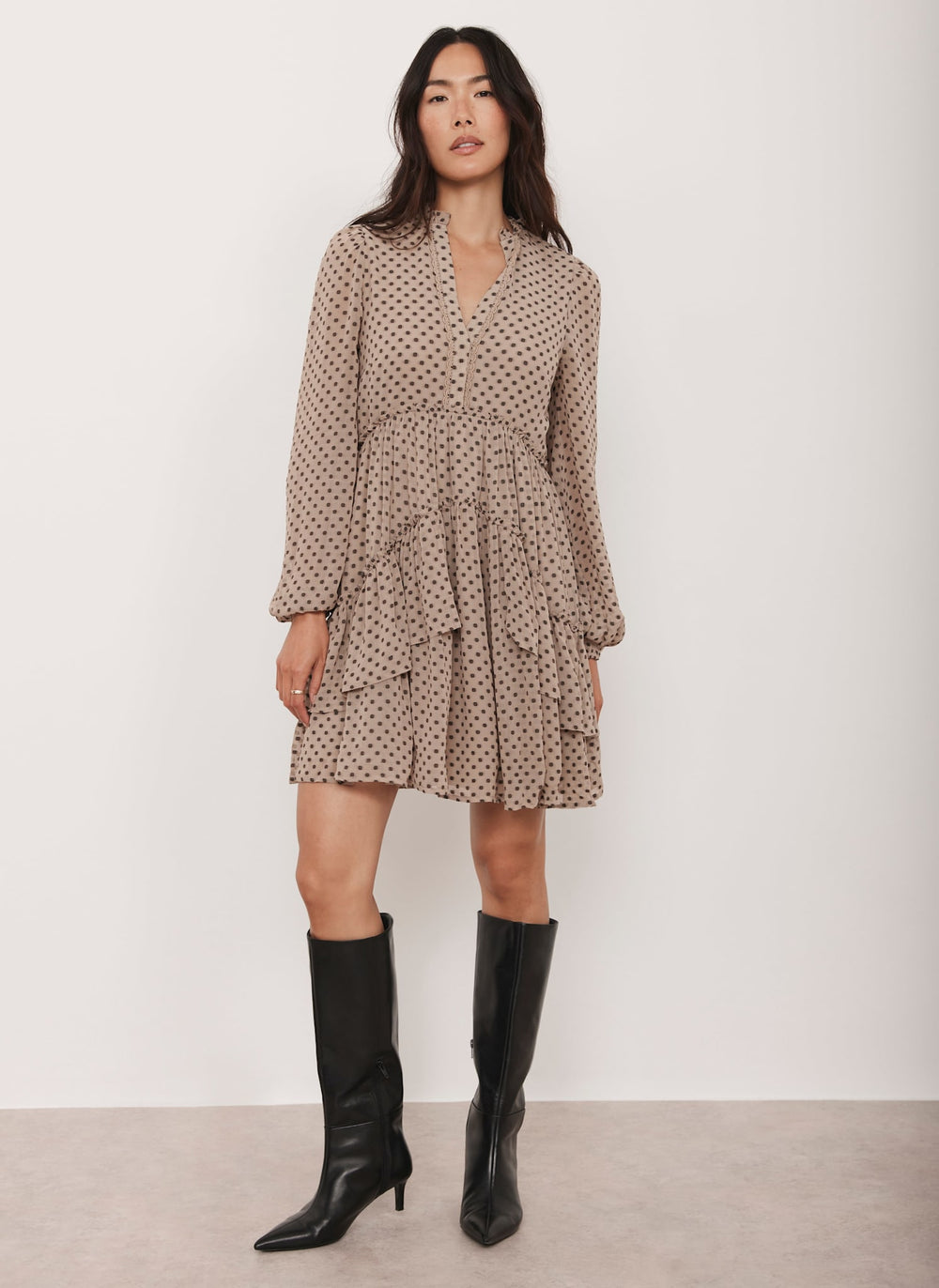 Neutral Jacquard Polka Dot Mini Dress