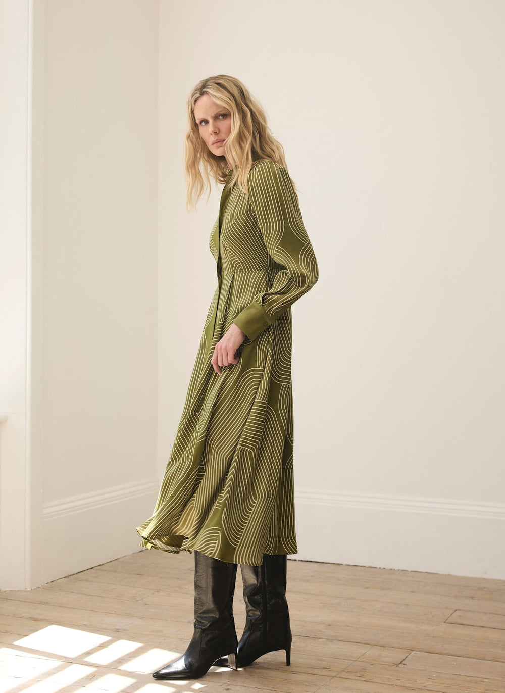 Green Satin Printed Midi Shirt Dress