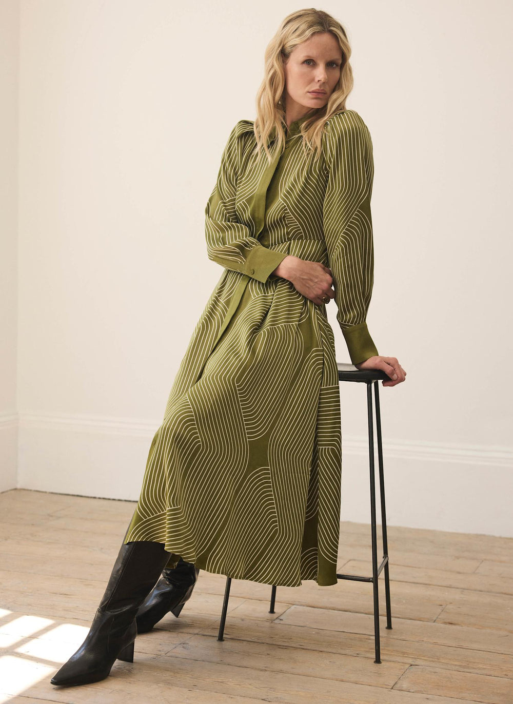 Olive Green Satin Printed Midi Shirt Dress