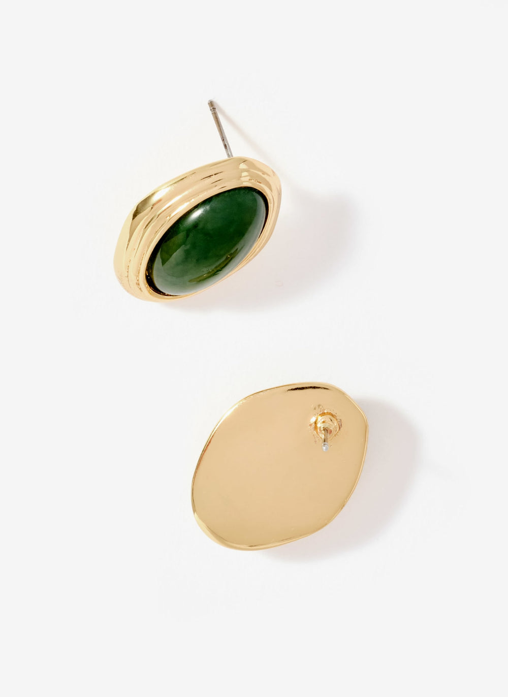Gold Tone Green Resin Oval Earrings