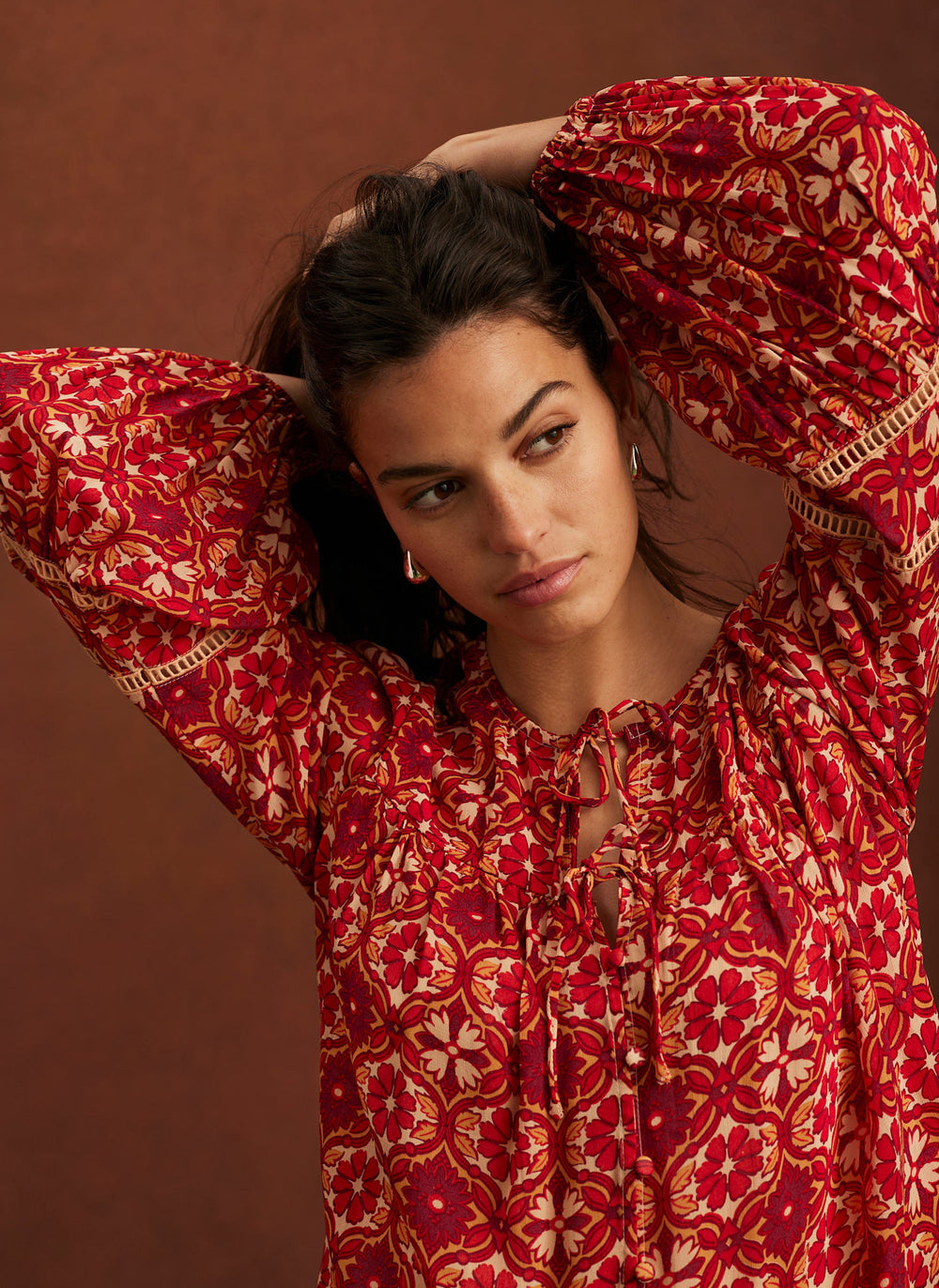 Orange Floral Print Boho Blouse