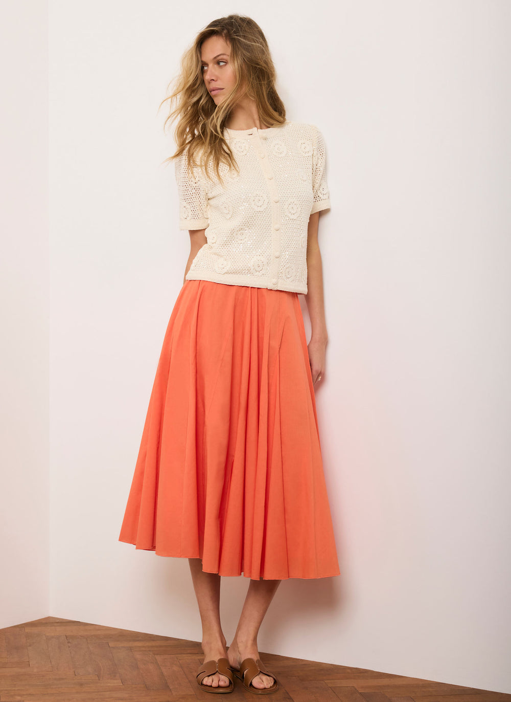 Orange Cotton Full Midi Skirt