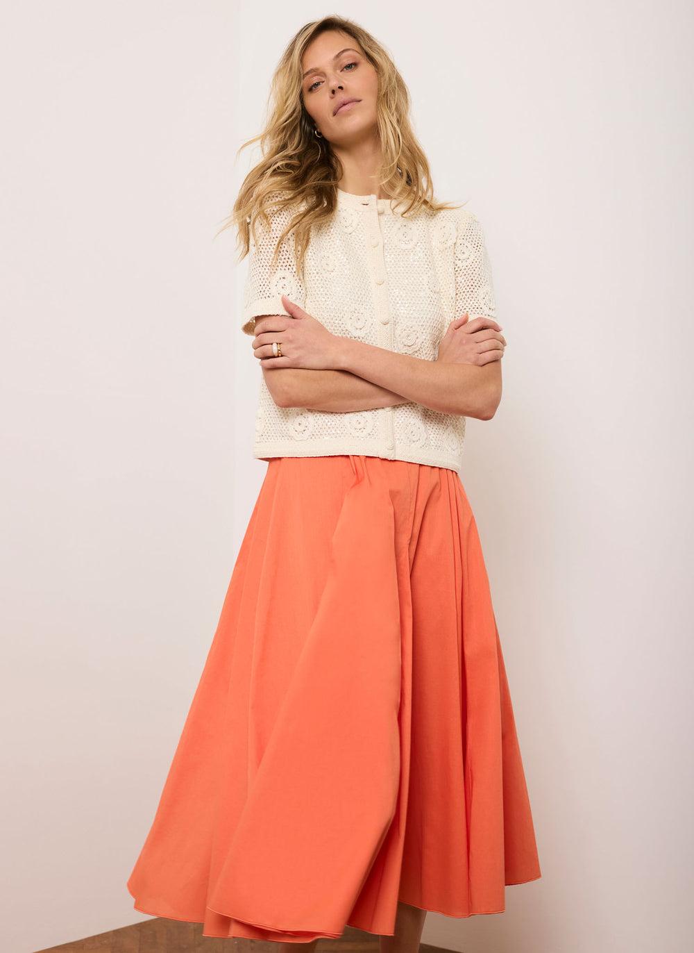 Orange Cotton Full Midi Skirt