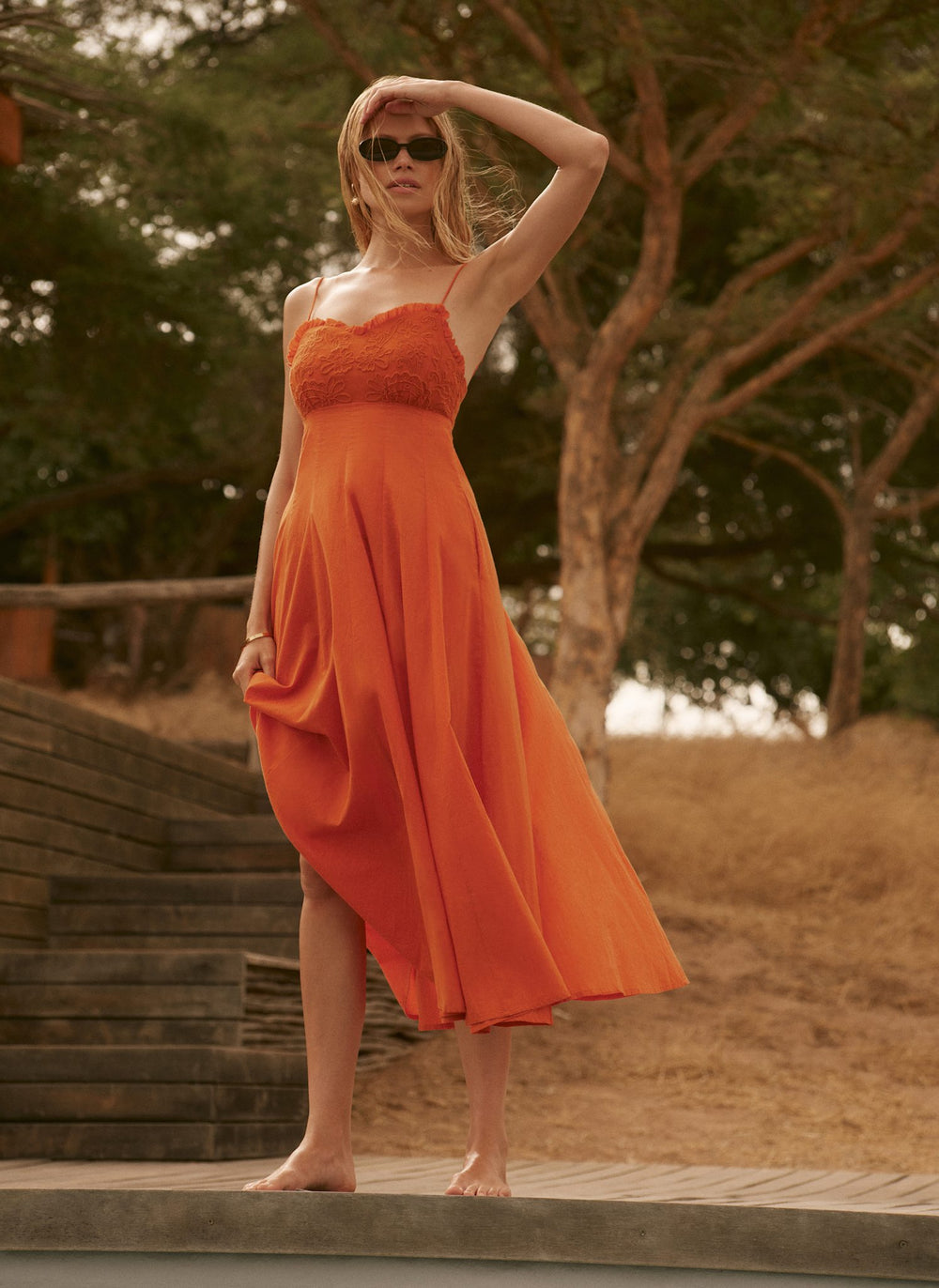 Orange Cotton Embroidered Midi Dress