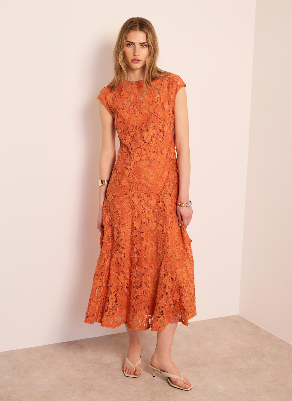 Orange Lace Midi Dress