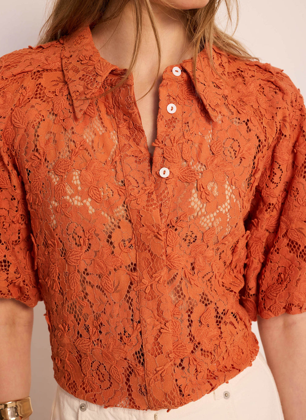 Orange Lace Puff Sleeve Shirt