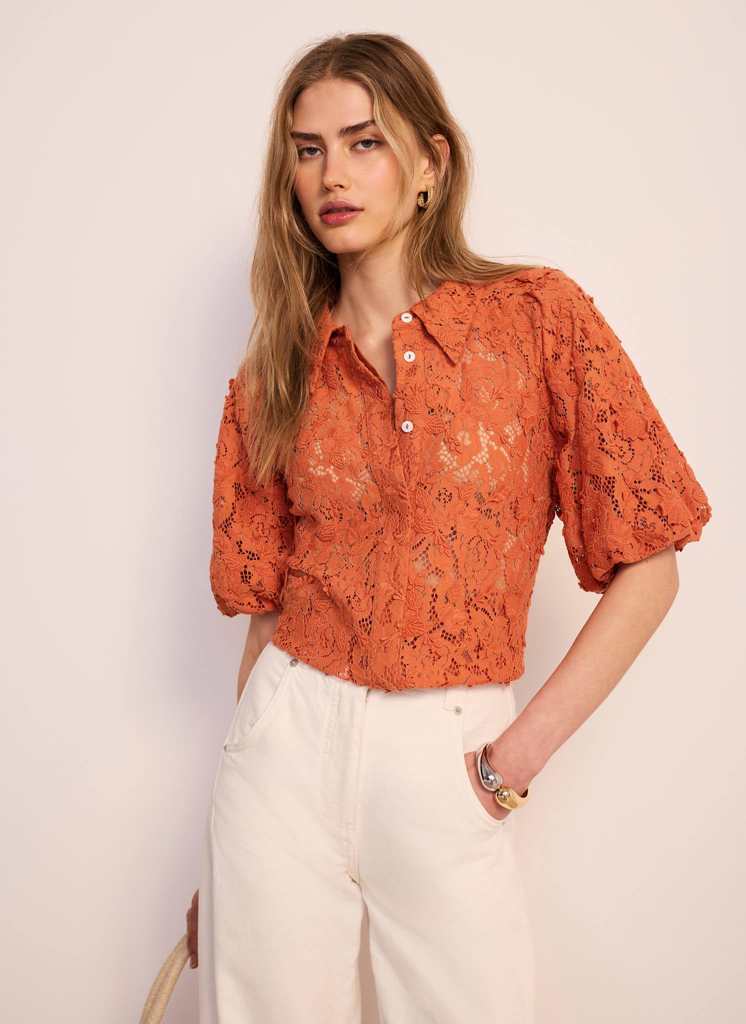 Orange Lace Puff Sleeve Shirt – Mint Velvet