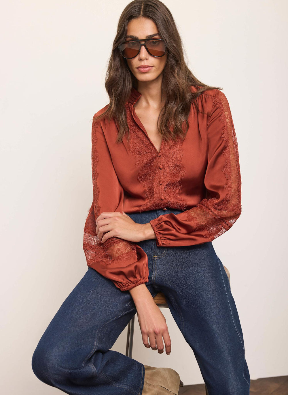 Deep Orange Satin Lace Detail Blouse