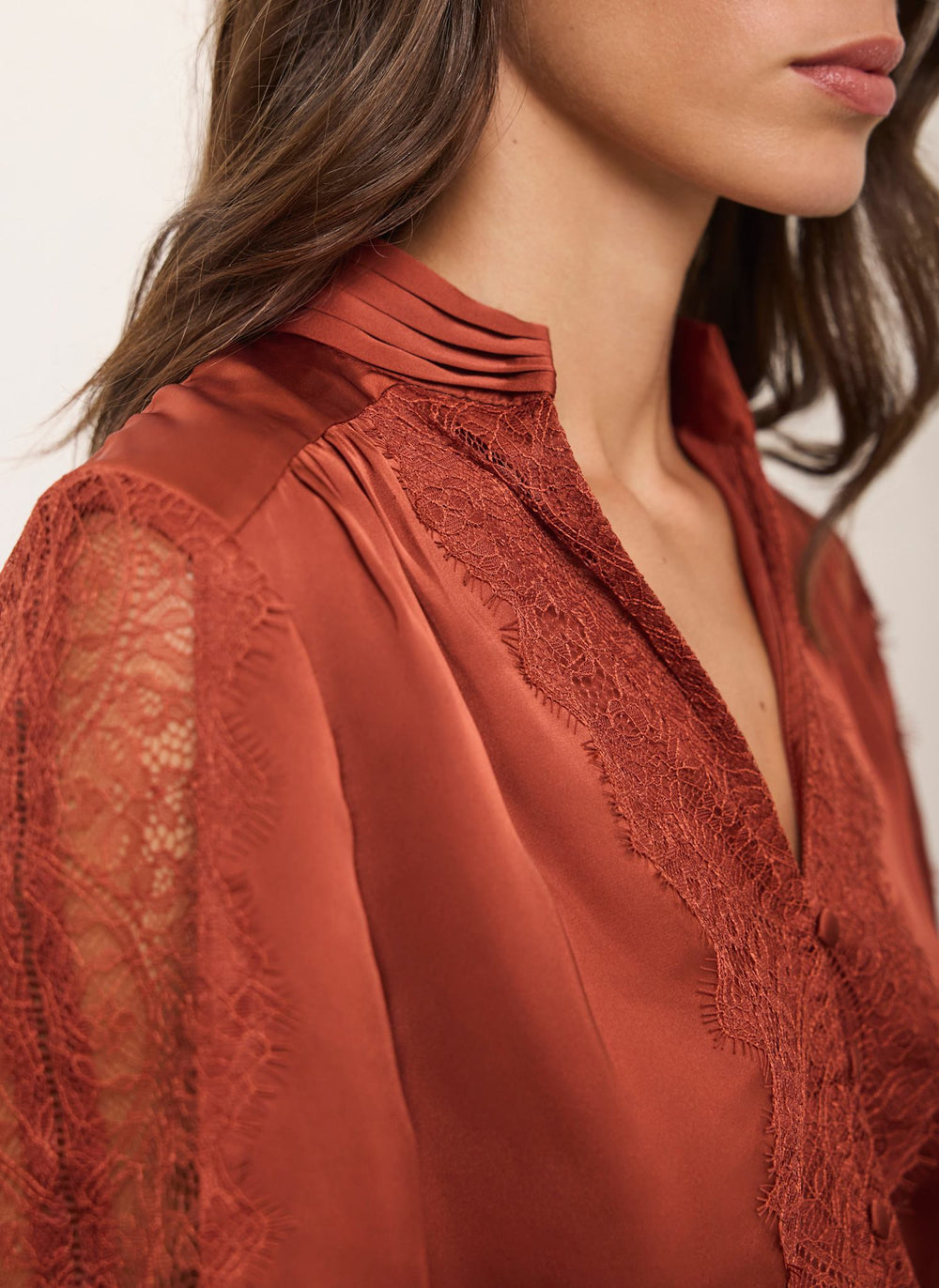 Deep Orange Satin Lace Detail Blouse