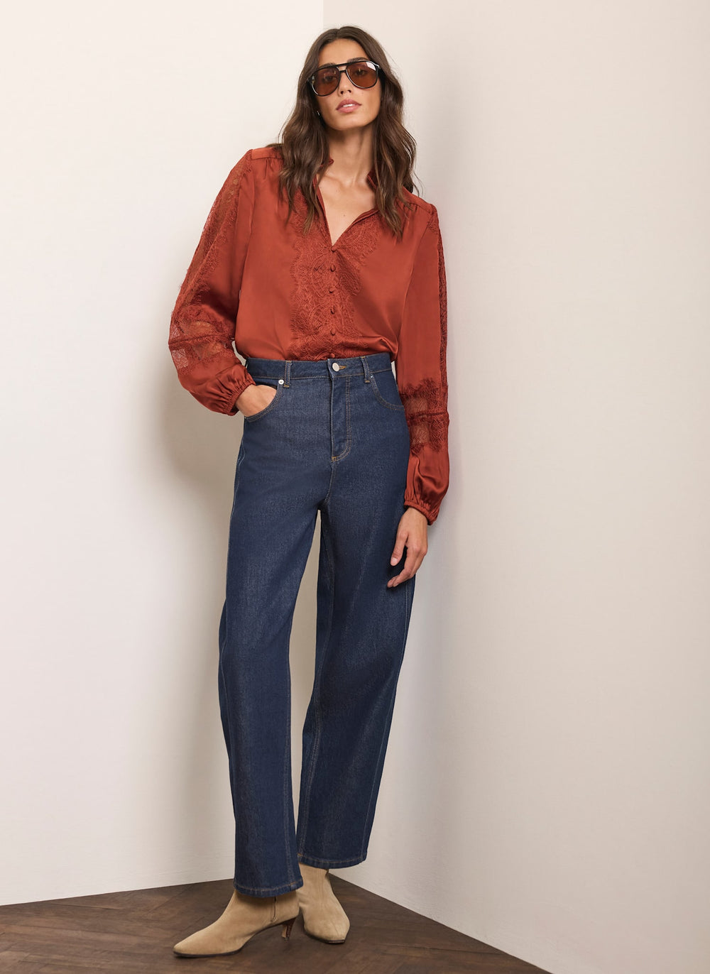 Deep Orange Satin Lace Detail Blouse