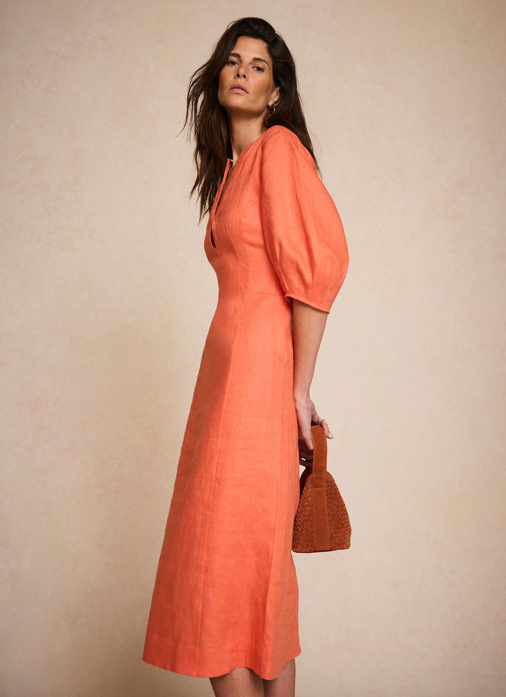 Orange Linen Puff Sleeve Midi Dress Mint Velvet Orange Linen Puff Sleeve Midi Dress Mint Velvet