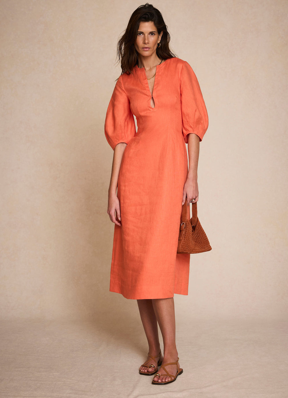 Orange Linen Puff Sleeve Midi Dress – Mint Velvet