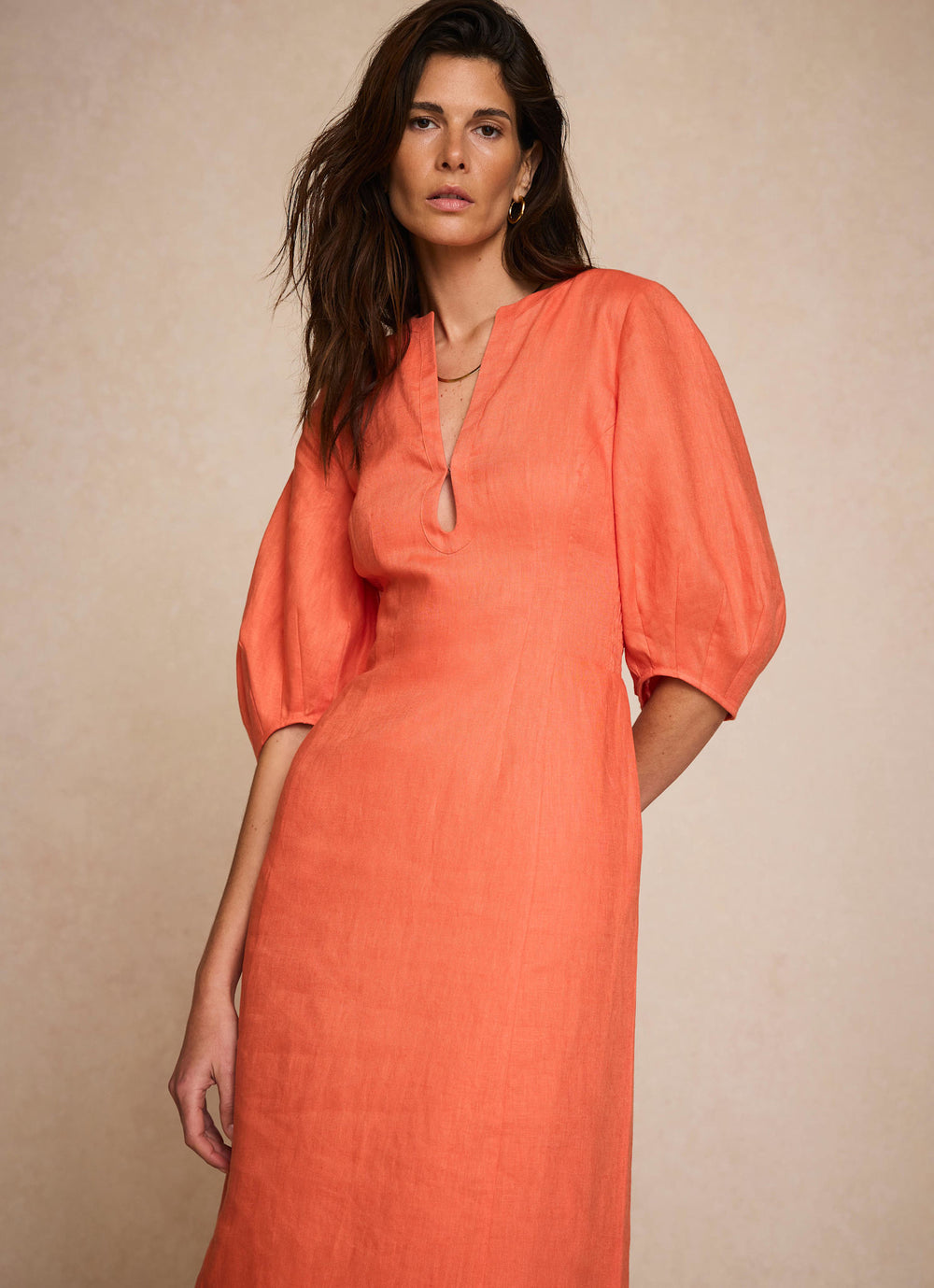 Orange Linen Puff Sleeve Midi Dress – Mint Velvet