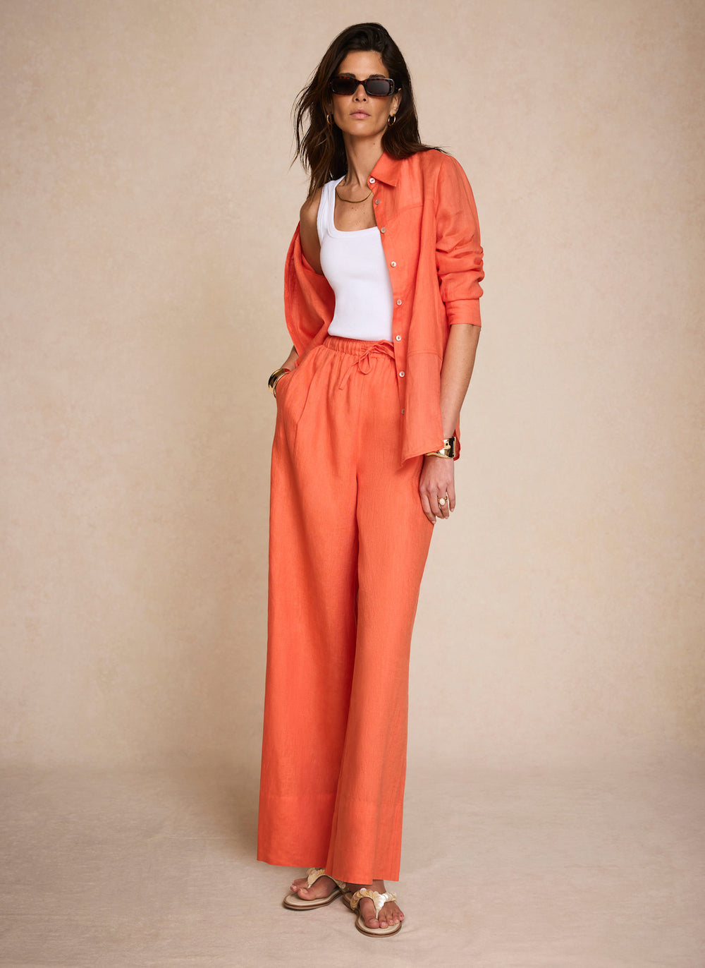Orange Linen Drawstring Wide Leg Trousers