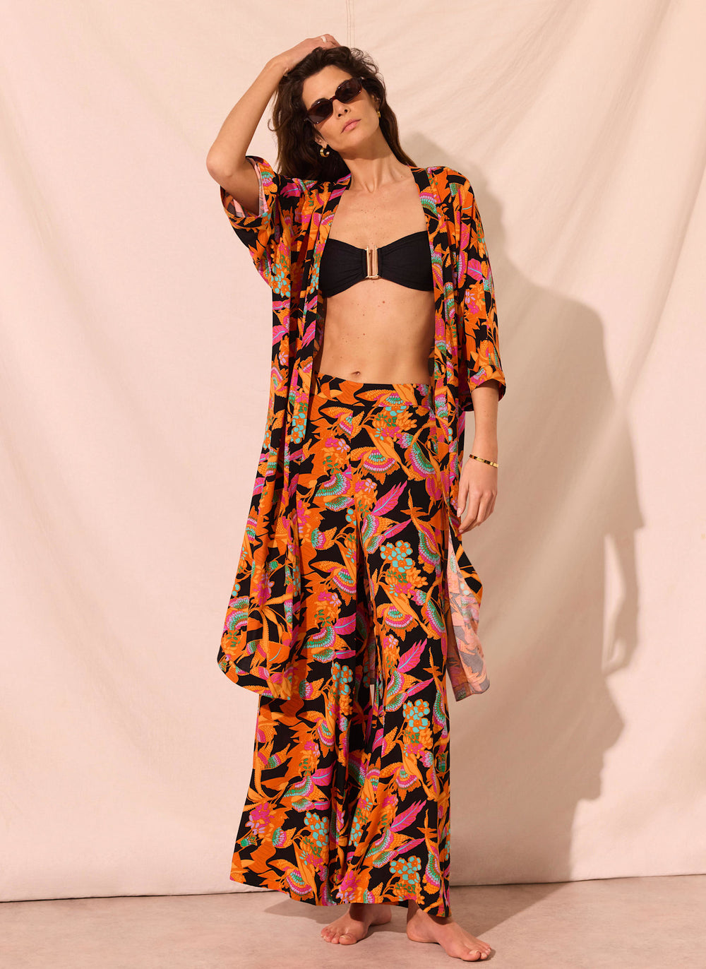 Orange Floral Print Wide Leg Trousers