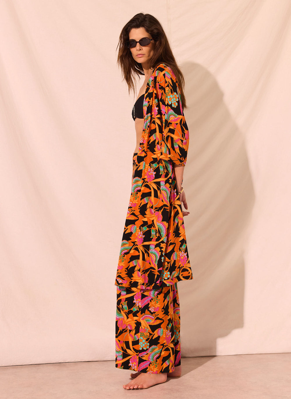 Orange Floral Print Wide Leg Trousers