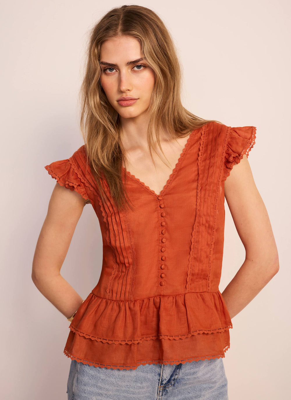 Orange Ramie Ruffle Detail Blouse