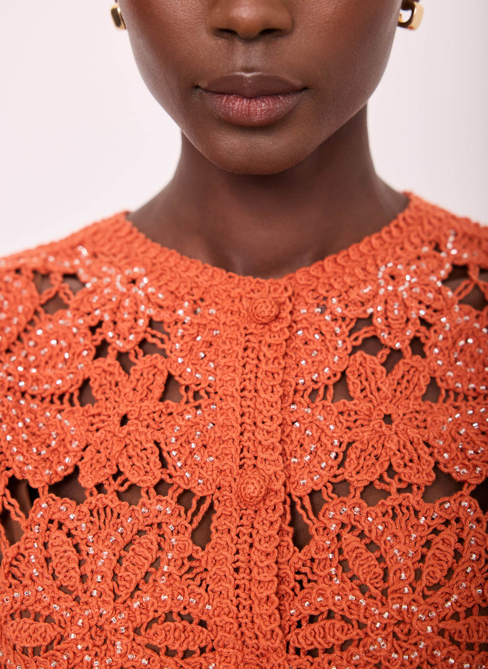 Orange Cotton Blend Crochet Embellished Waistcoat