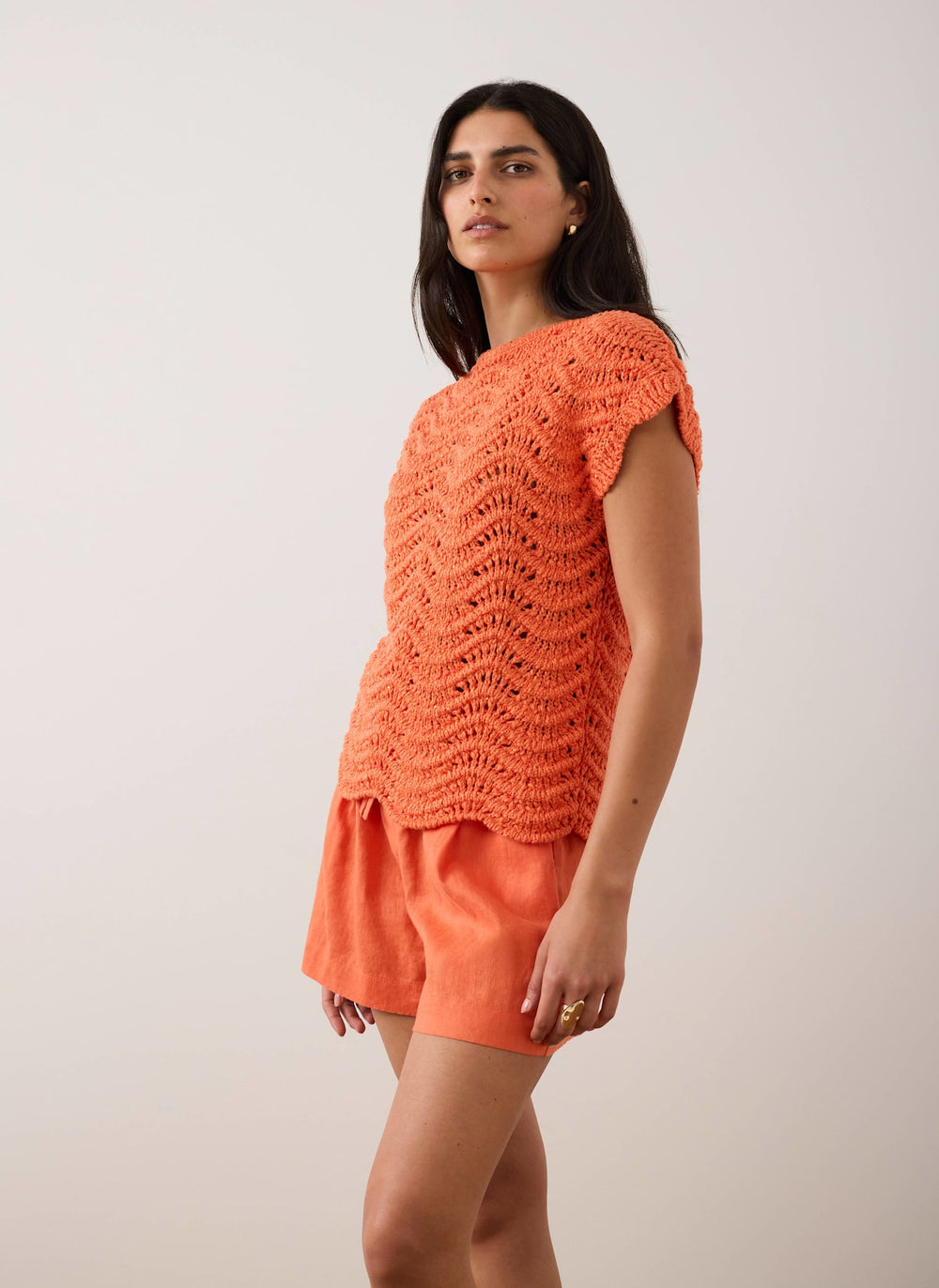 Orange Embellished Crochet Knit Top