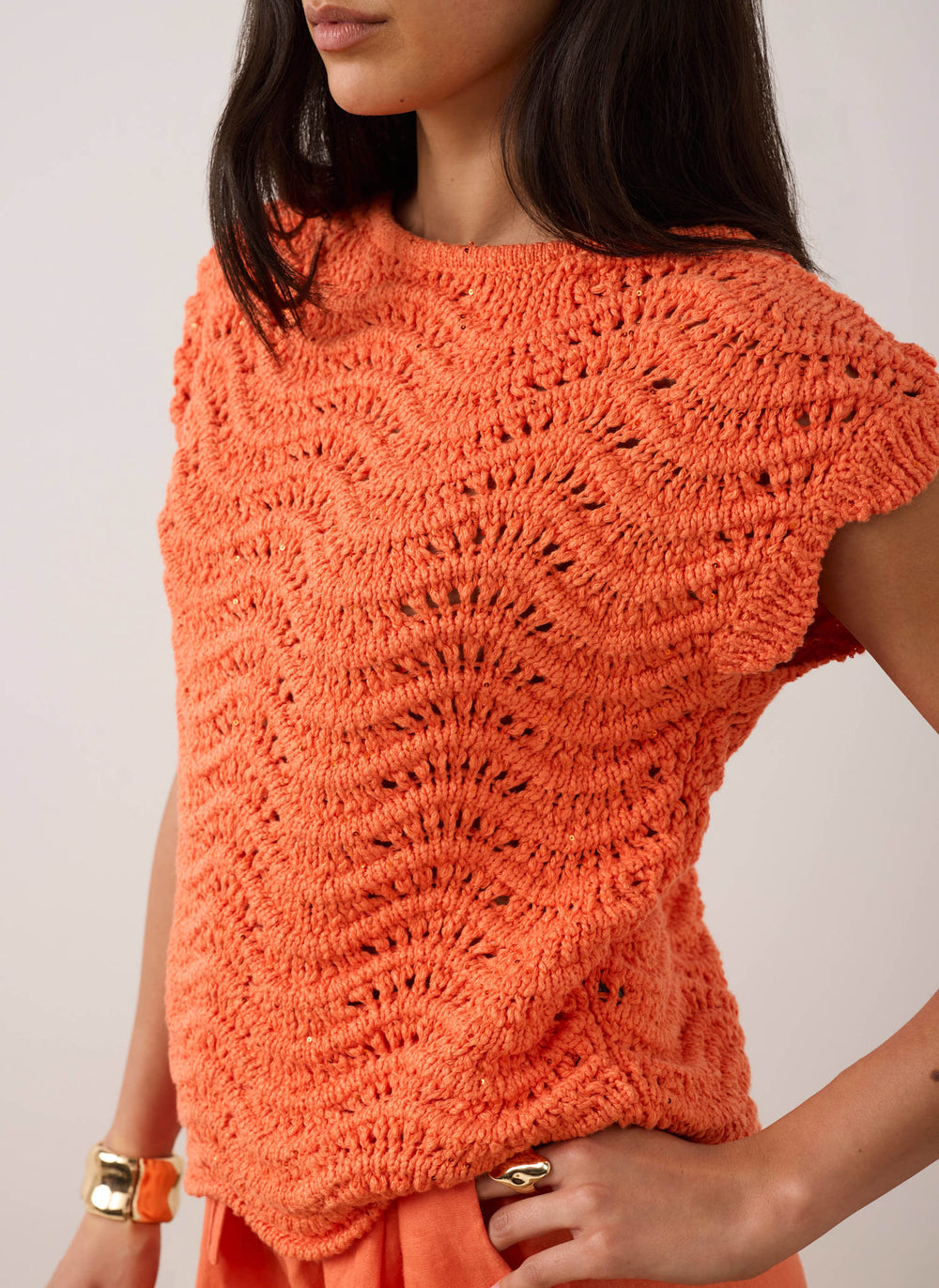 Orange Embellished Crochet Knit Top