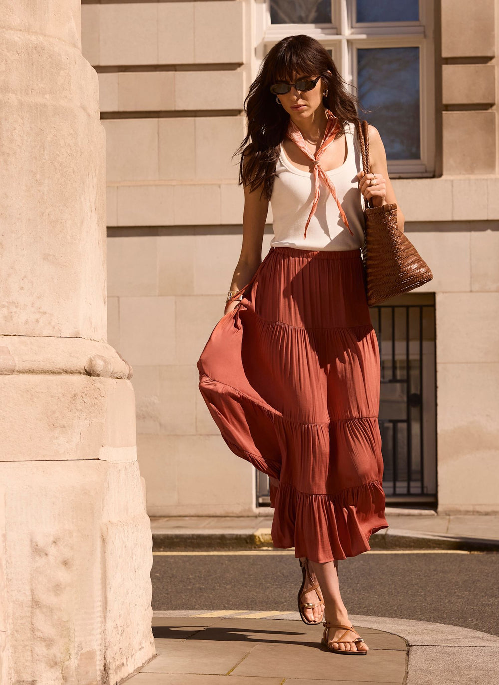 Burnt Orange Satin Tiered Maxi Skirt