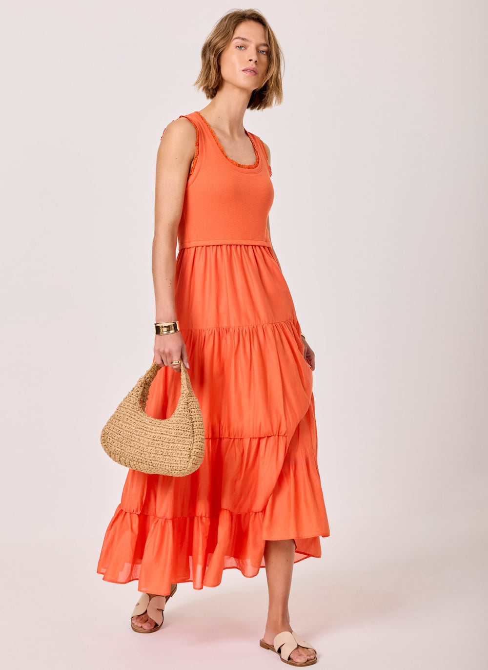 Orange Crochet Trim Tiered Midi Dress