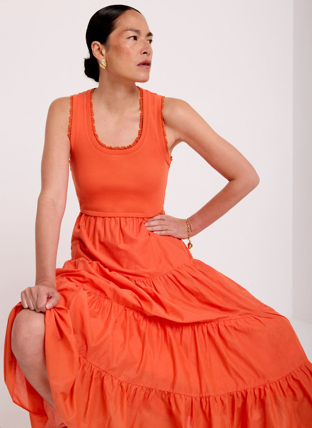 Orange Crochet Trim Tiered Midi Dress