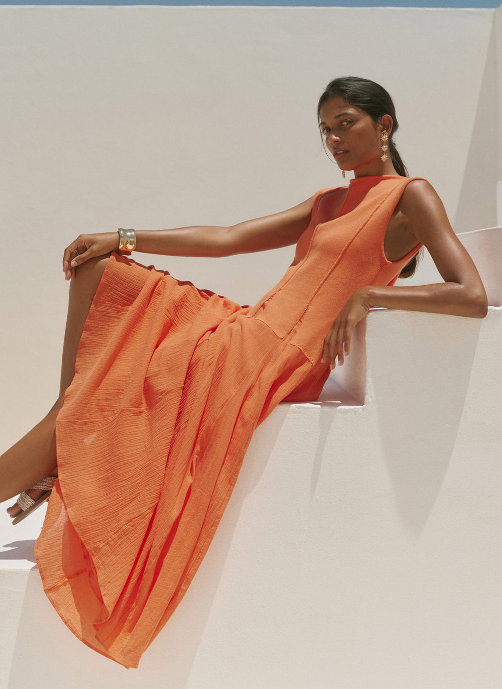 Orange Cotton Blend Drop Waist Maxi Dress Orange Cotton Blend Drop Waist Maxi Dress