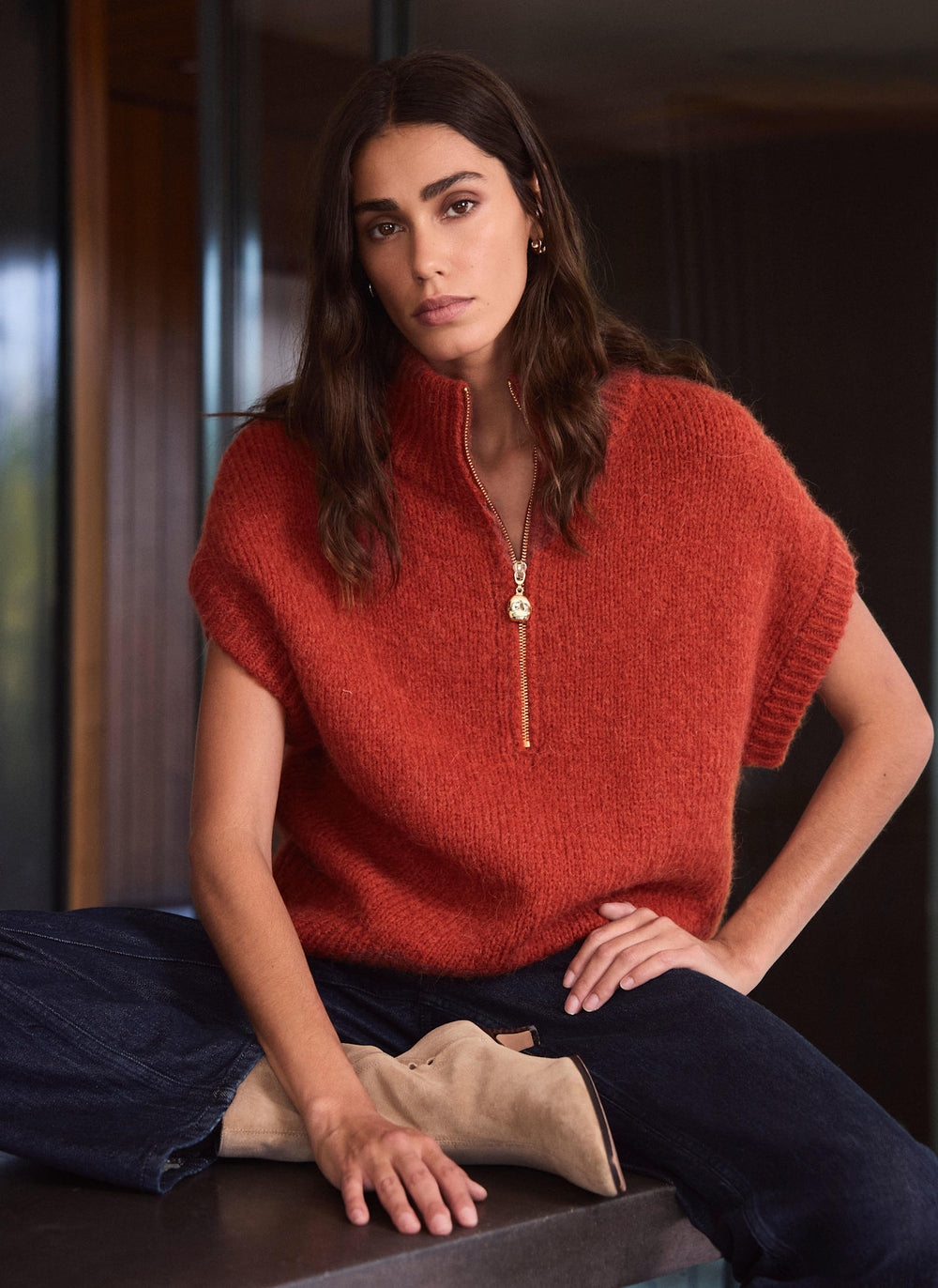 Deep Orange Funnel Neck Half Zip Knit Top