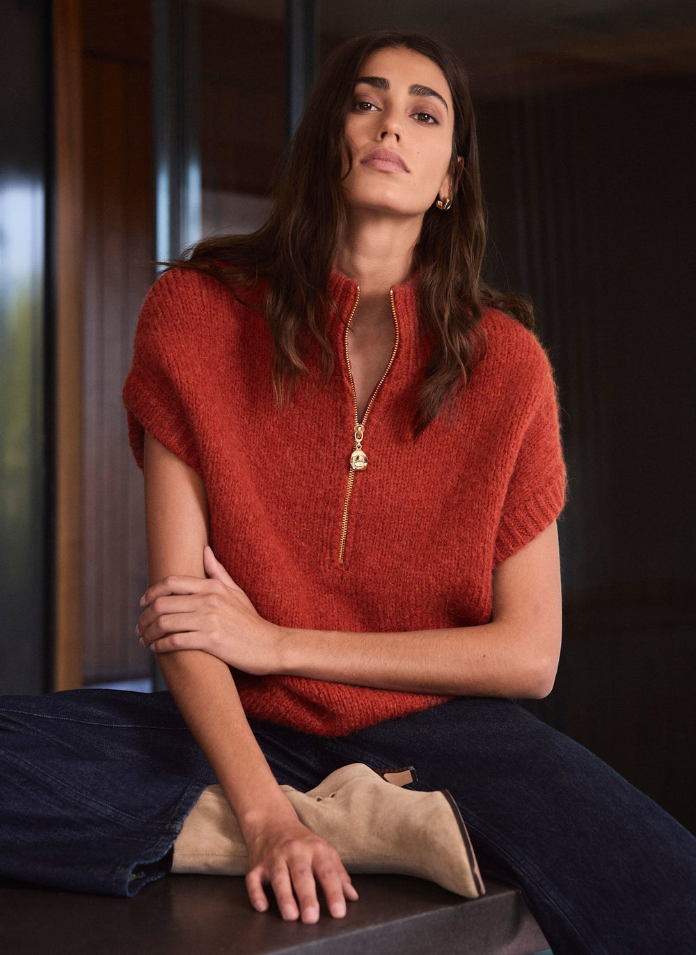 Deep Orange Funnel Neck Half Zip Knit Top