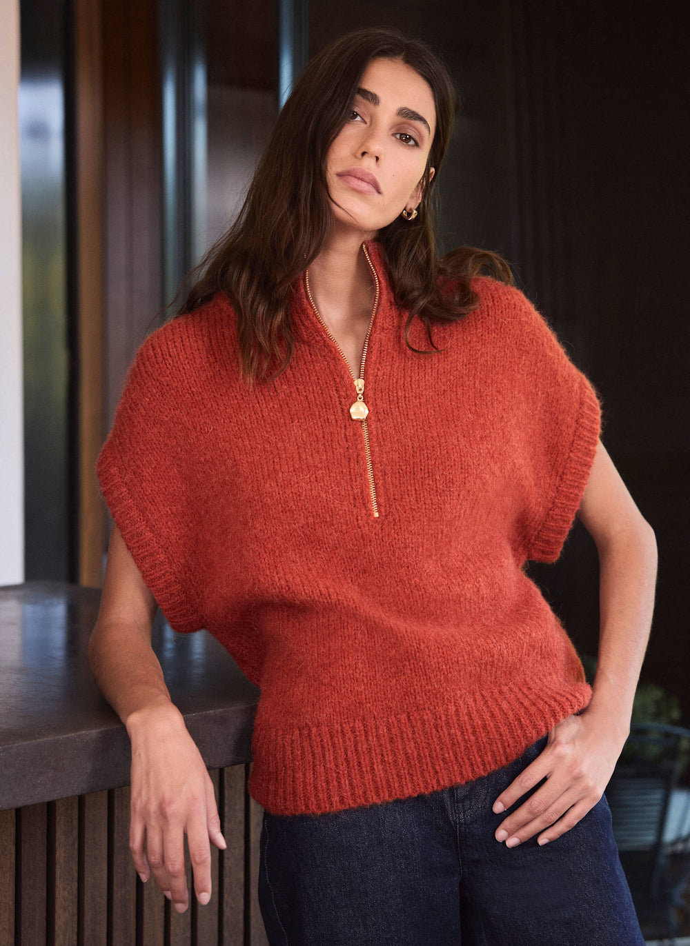 Deep Orange Funnel Neck Half Zip Knit Top