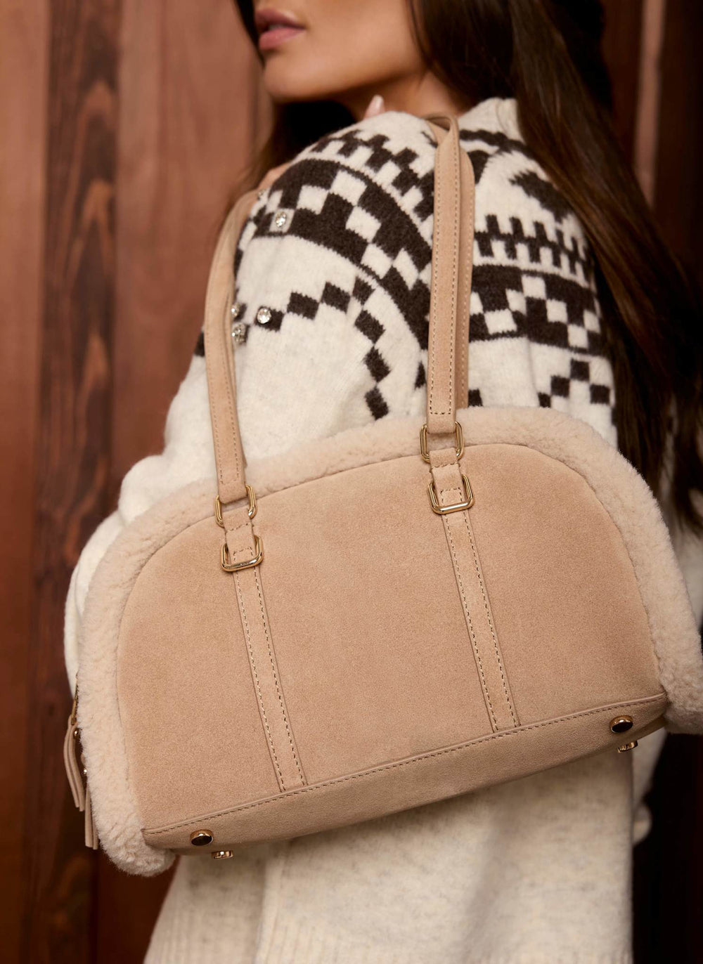 Otti Neutral Suede Borg Detail Shoulder Bag