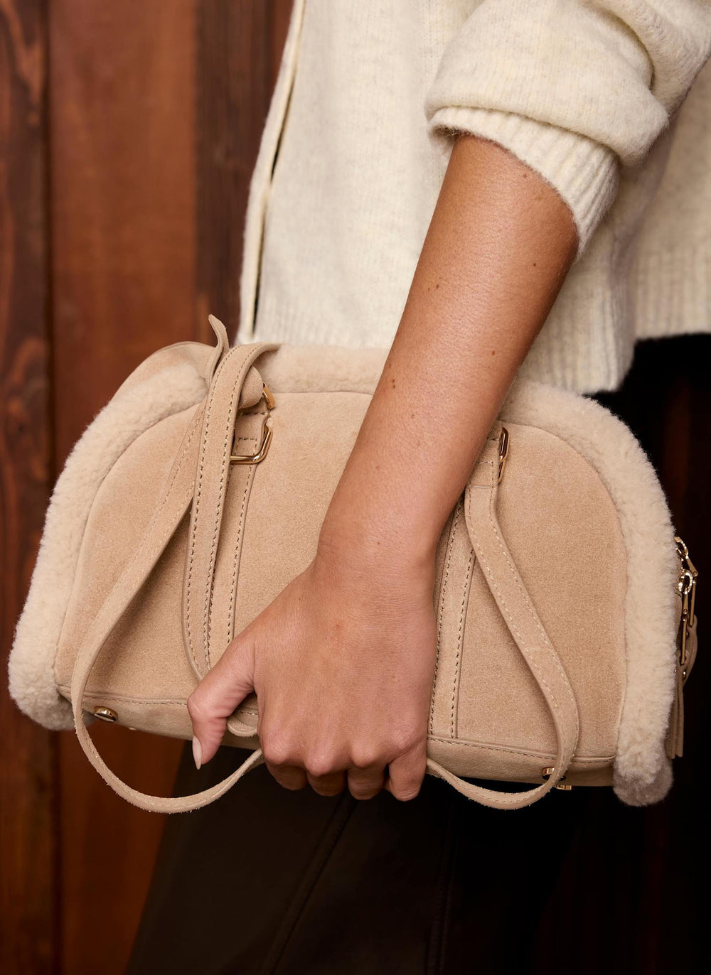 Otti Neutral Suede Borg Detail Shoulder Bag