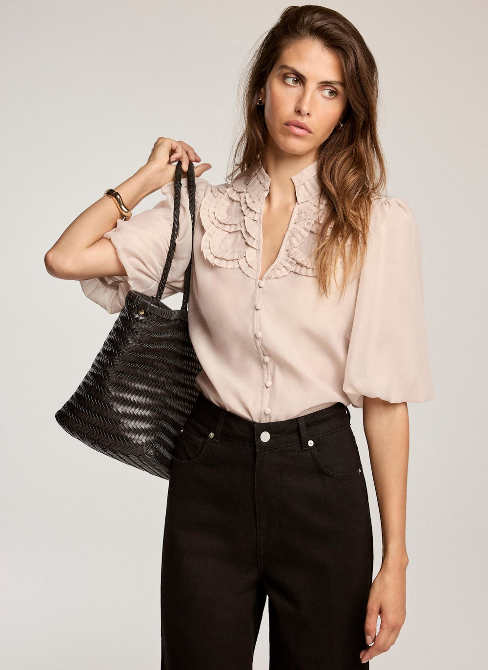 Neutral Pleated Puff Sleeve Blouse