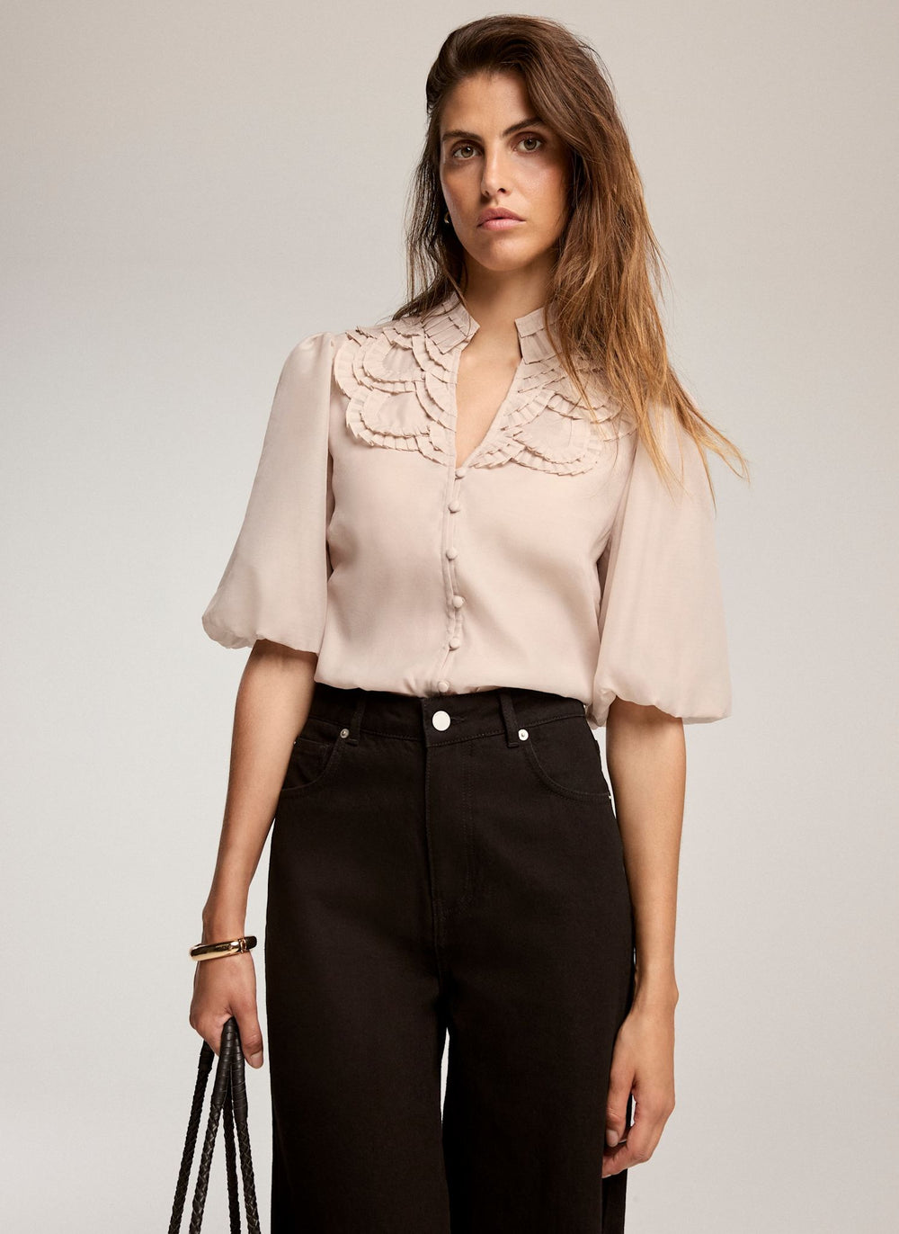 Neutral Pleated Puff Sleeve Blouse
