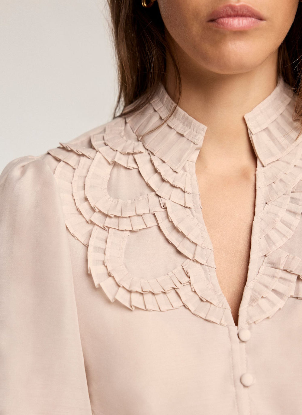 Neutral Pleated Puff Sleeve Blouse