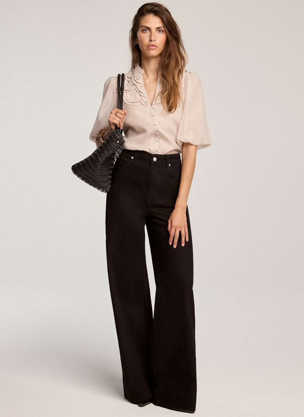 Neutral Pleated Puff Sleeve Blouse