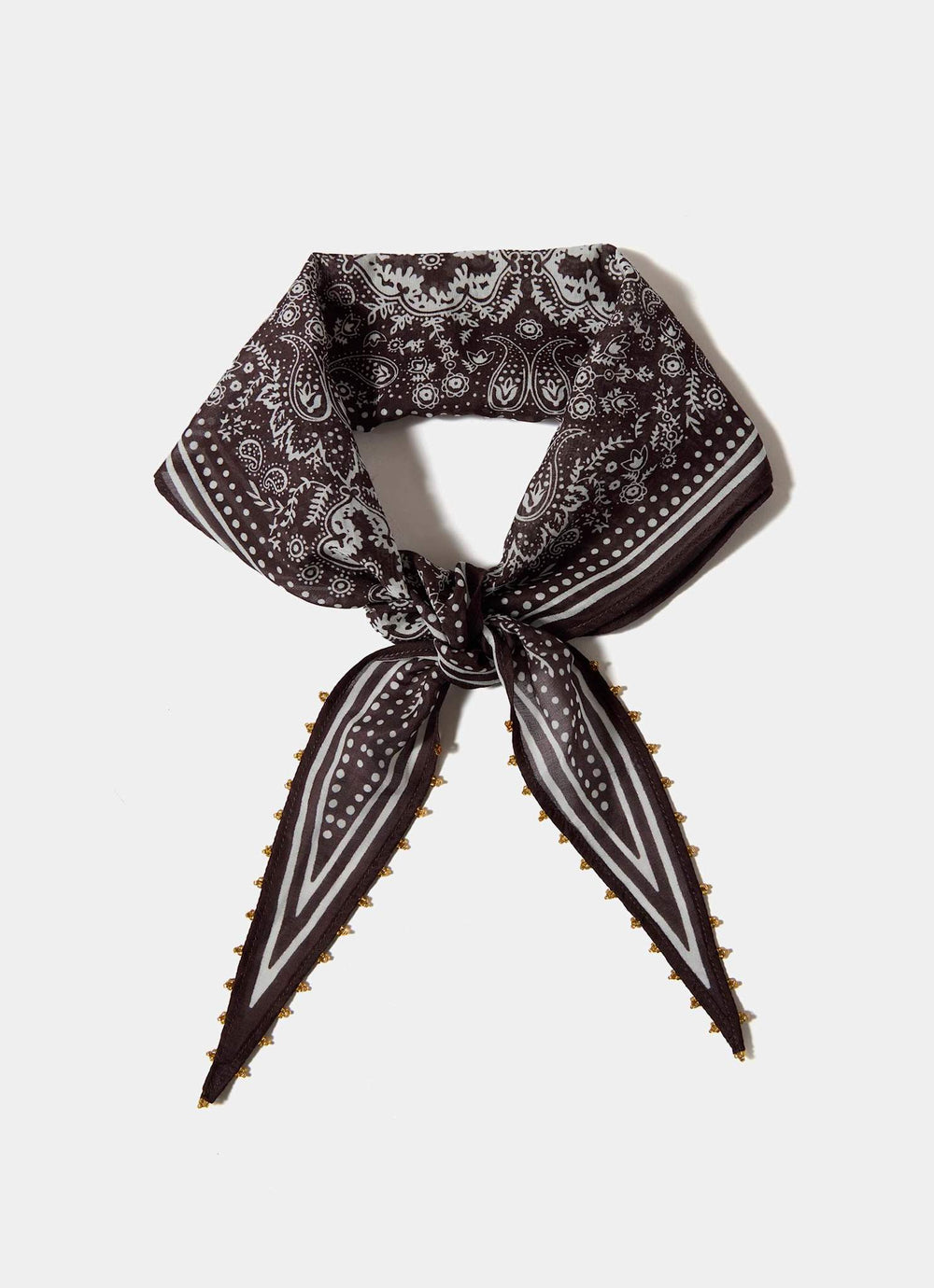 Brown Paisley Print Beaded Neck Scarf