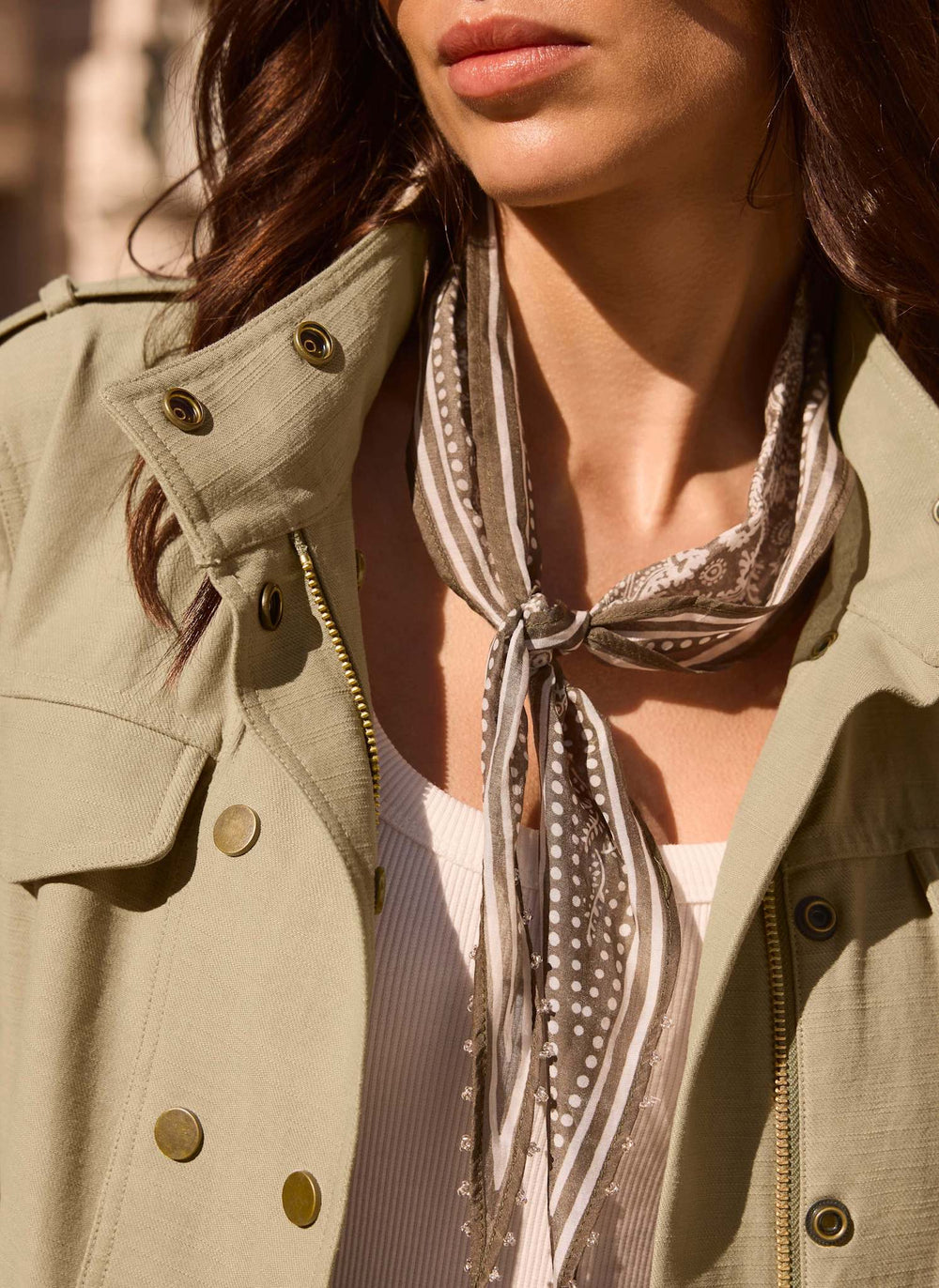 Khaki Paisley Print Beaded Neck Scarf