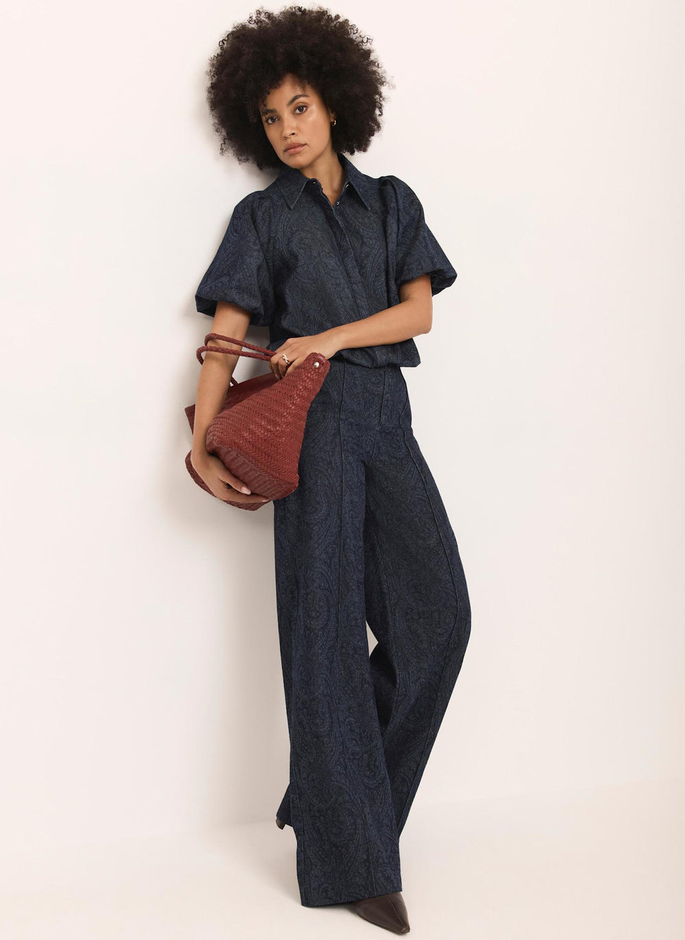 Navy Paisley Denim Wide Jeans