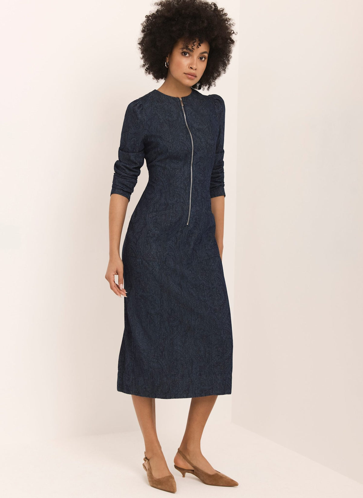 Dark Indigo Paisley Print Denim Midi Dress