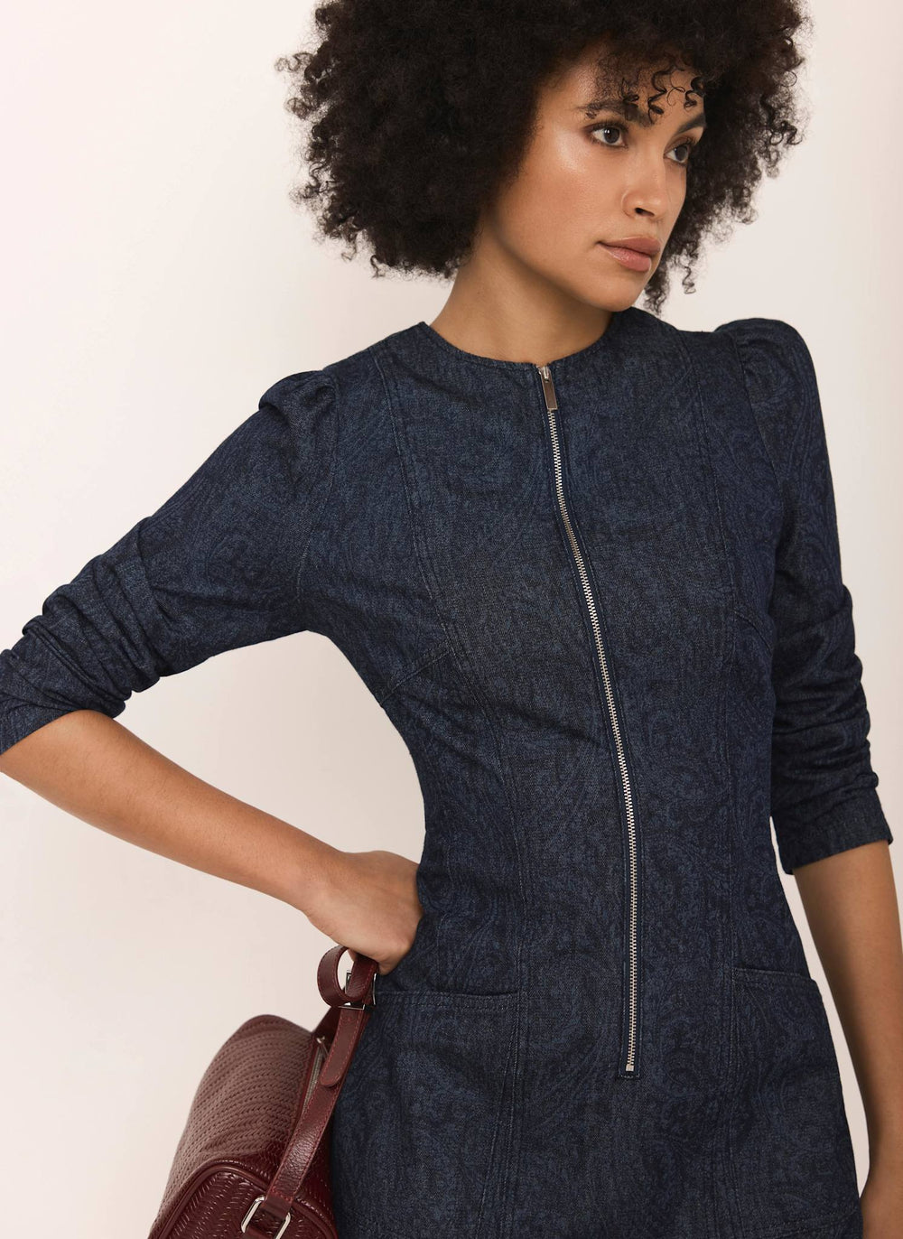 Dark Indigo Paisley Print Denim Midi Dress