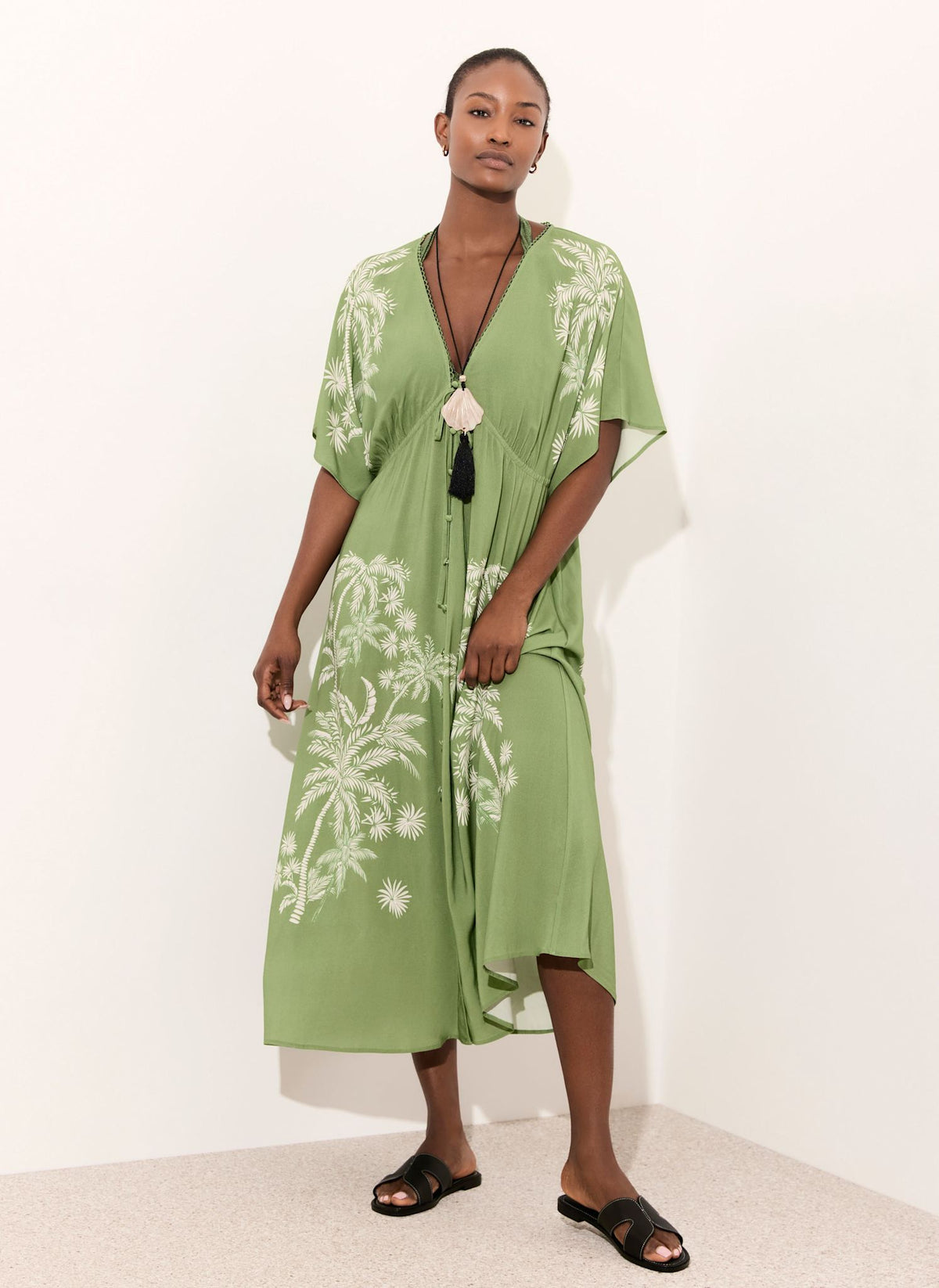 Mint Velvet Green Palm Print Maxi Beach Dress | Size XL | Green | Short Sleeve | V Neck