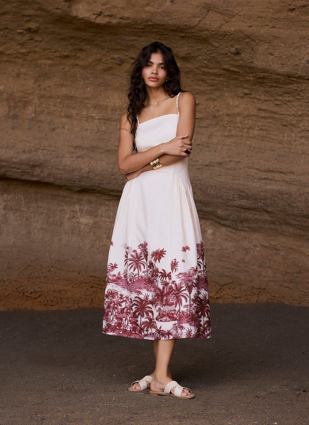 Cream Linen Blend Palm Print Midi Dress