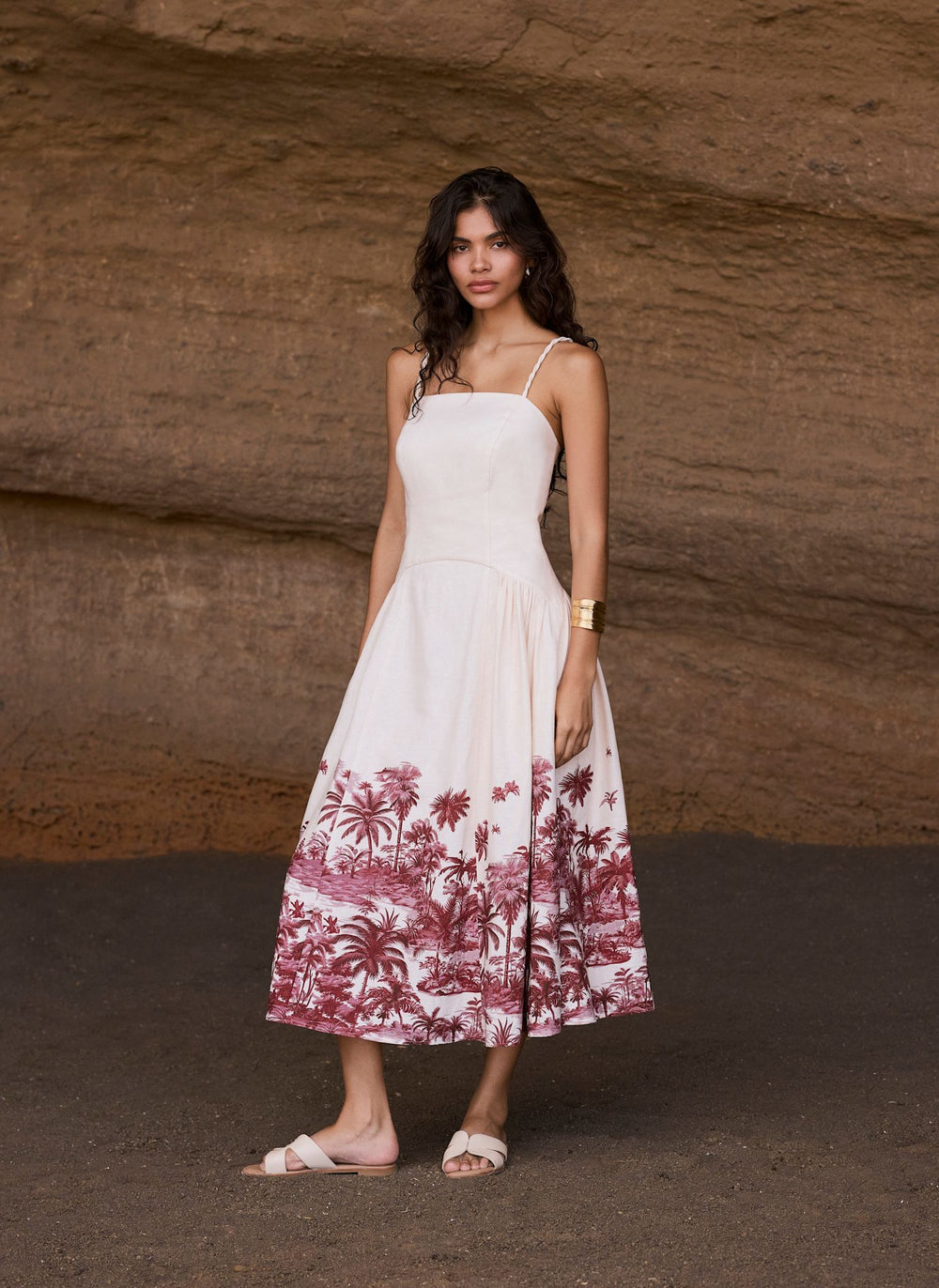 Mint Velvet Cream Beige Blend Palm Print Midi Dress | Size 10 | Red | Sleeveless