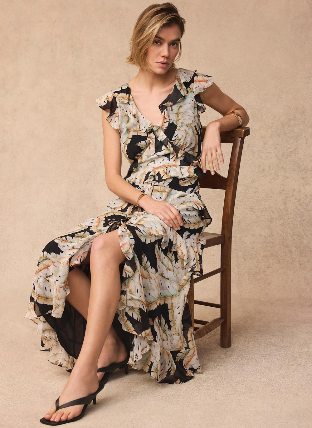 Black Palm Print Ruffle Midi Dress