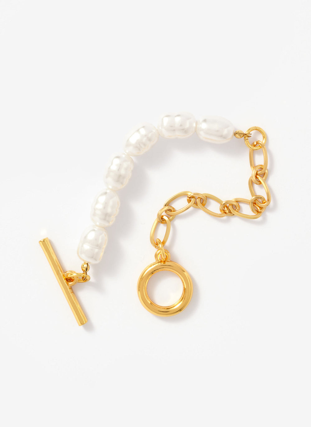 Gold Tone Chain & Pearl T-Bar Bracelet