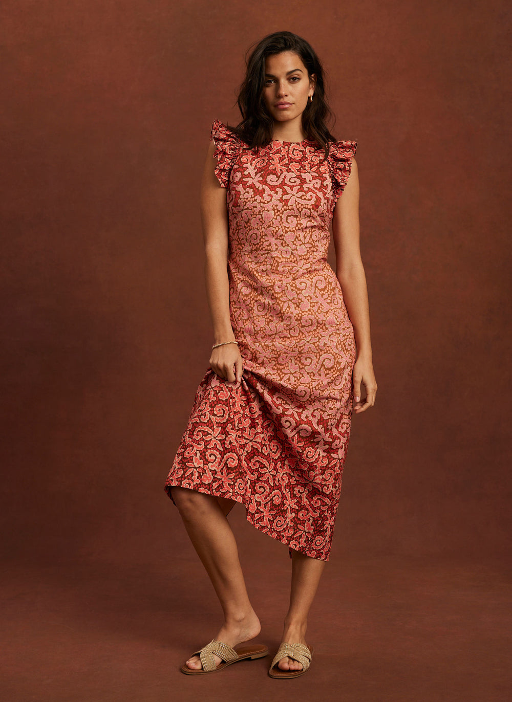 Orange Printed Midi Dress